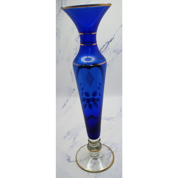Glass Crystal Handpainted Blue 8 Inch Flower Vase With Gold Accents - Picture 3 of 5